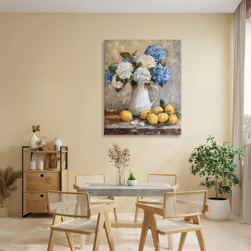 Hortensias et agrumes, toile de nature morte, design par LSR Creative Studio, H 40 po x l 30 po