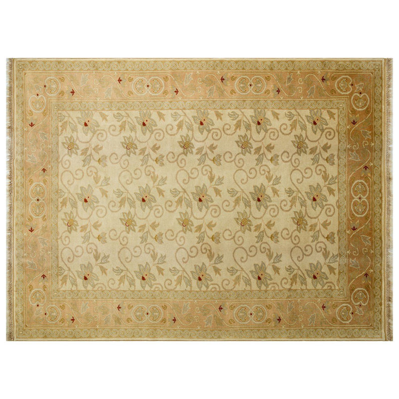 Tapis oriental floral beige en laine noué à la main brun Oushak