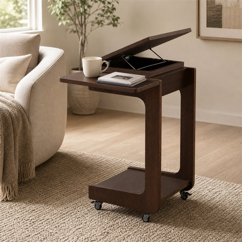 Table d'appoint roulante en forme de C en bois massif à finition noyer avec plateau pivotant amovible à 360 degrés pour ordinateur portable et 4 roulettes pour canapé-lit et bureau