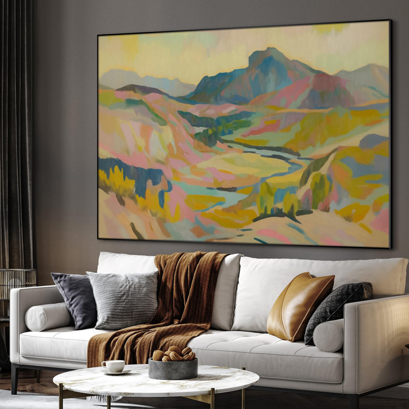 Extra Large Wall Art Fabric Print - Colorful Abstract Mountain Valley Landscape Artwork Decor for Living Room or Bedroom - "Frame Assembly Required (Unfinished Frame)"