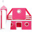 Lit mezzanine simple rose avec glissade et tour - Construction, sous rangement, espace semi-fermé pour les parties de thé, lattes compatibles avec la tente, comme dans la chambre à coucher