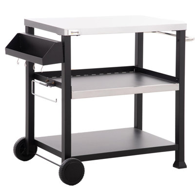 Chariot de barbecue extérieur à trois tablettes avec plateau en acier inoxydable Outsunny, poignée latérale, support de four à pizza multifonctionnel 32 po x 20,5 po, table de préparation des aliments mobile sur roulettes, noir