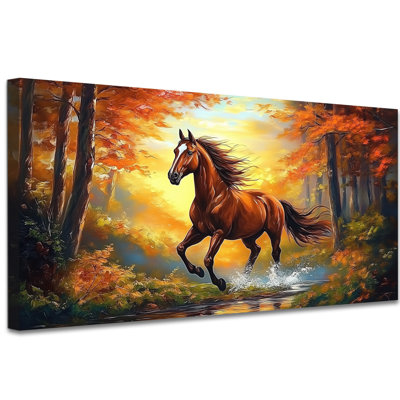 Horse Wall Art - Running Horses Wall Pictures Decor for Living Room, Canvas Horse Painting Artworks for Bedroom Wall, Wrapped Canvas Pine Frame Decoration, 12×24 inches