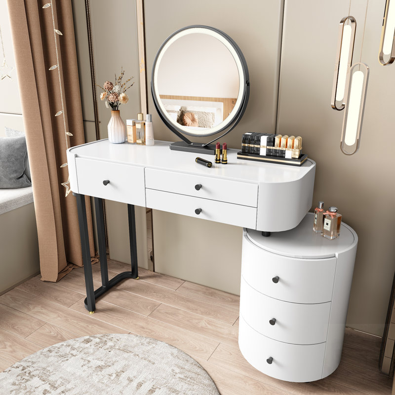 Coiffeuse moderne minimaliste avec miroir amovible et armoire d'appoint rotative, meuble-lavabo facile à assembler