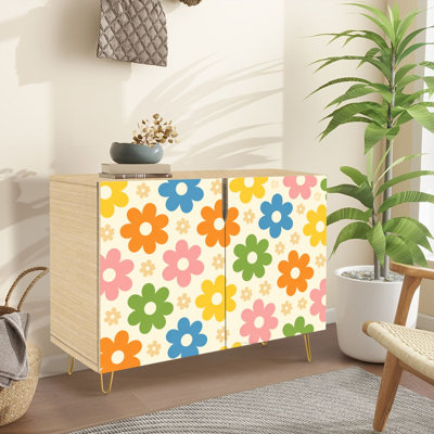 Buffet Buffet avec rangement Style floral tendance des années 70 fleurs de marguerite style rétro lumineux avec 2 portes pour le salon et la cuisine