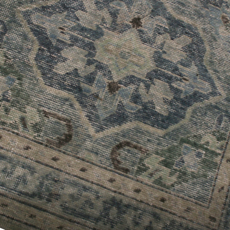 Rug & Kilim's Homage Geometric Floral Green And Blue Wool Custom Rug, Rectangle 5' x 8'