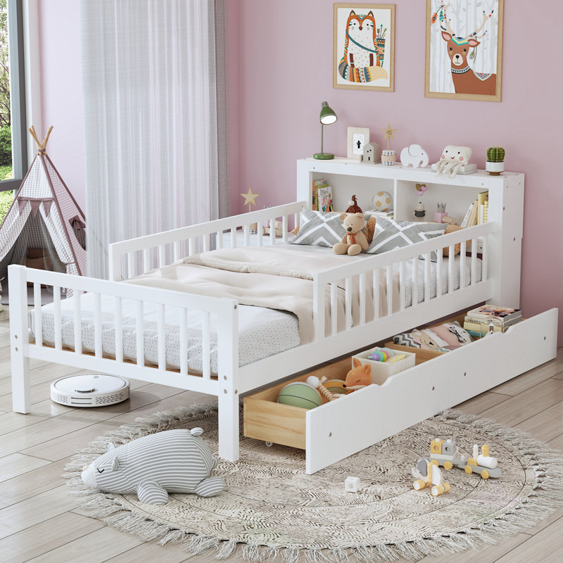 Élégant lit simple blanc avec garde-corps de sécurité, rangement spacieux et design moderne, Blanc