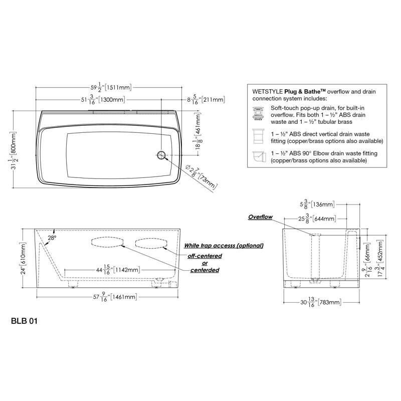 Lab 59.5'' L Freestanding Soaking Bathtub, Satin Brass, White True High Gloss