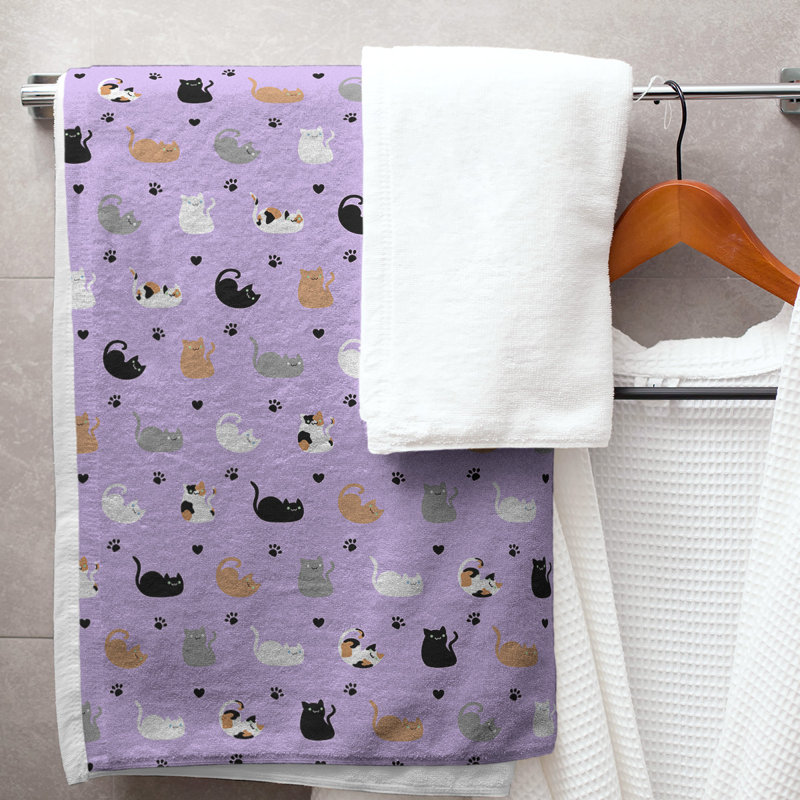 Serviette de bain chat, Mauve / Gris
