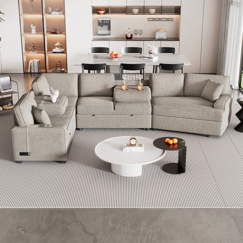 Canapé-lit modulaire en forme de L de 126 po avec canapé-lit et dispositif de charge pour porte-gobelets, Chenille beige