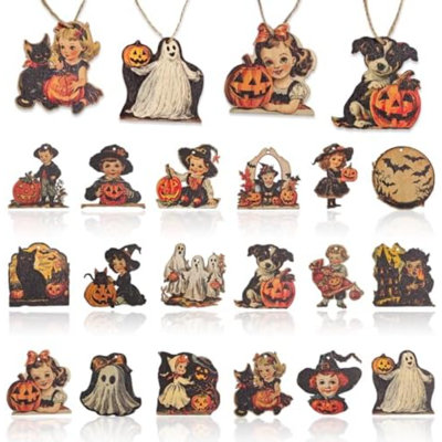 Décoration d'Halloween rétro ornements suspendus en bois - 36 pièces de style rétro garçon fille chauve-souris citrouilles découpes en bois rustique maison de ferme décorations pour la fête d'Halloween