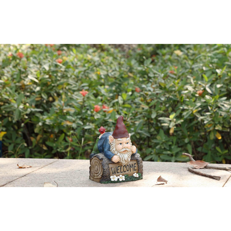  Welcome Sign Gnome Crawling over Tree Trunk Statue
