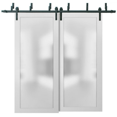 Portes de grange coulissantes en verre givré avec quincaillerie | Planum 2102 | Ensemble de quincaillerie robuste pour rails 6,6 pi | Portes de garde-robe modernes en bois massif pour chambre à coucher