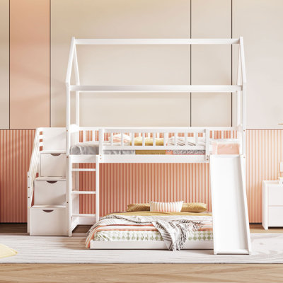 Twin Over Full Bunk Bed With Slide and Storage Stairs