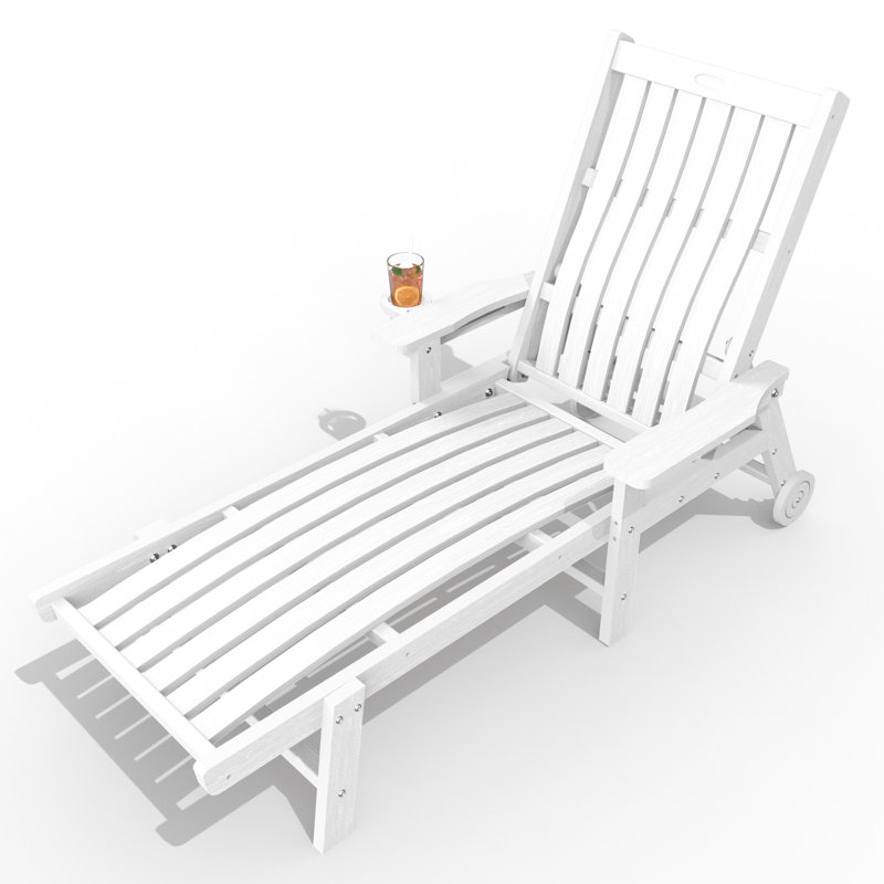 Outdoor HDPE Adjustable Reclining Chaise Lounge Chair With Wheels & Cup Holder, White