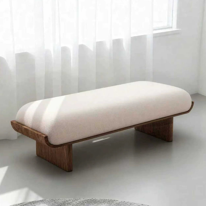 Banc rembourré en bois massif beige, 17.72" H x 39.37" W x 16.93" D
