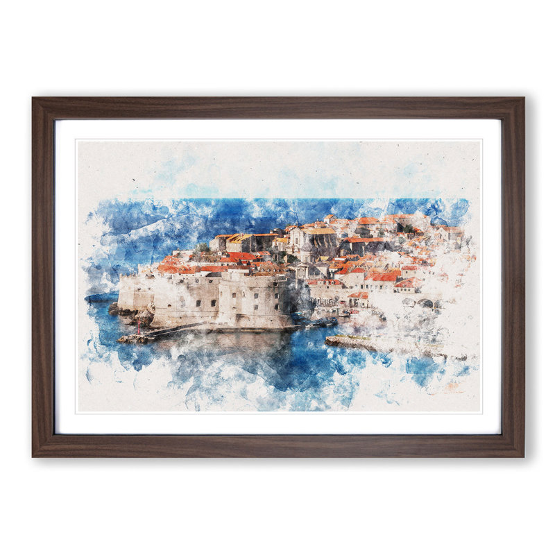 Ancient City Walls of Dubrovnik in Croatia Watercolour - Picture Frame Graphic Art Print, 45cm H x 63cm W x 2cm D