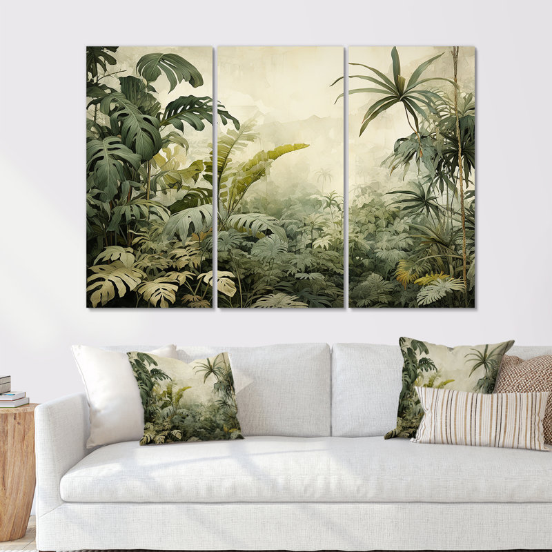 «Vintage Jungle Landscape», ensemble d'art mural sur toile Jungle, H 32 po x l 48 po x P 1 po, Toile tendue