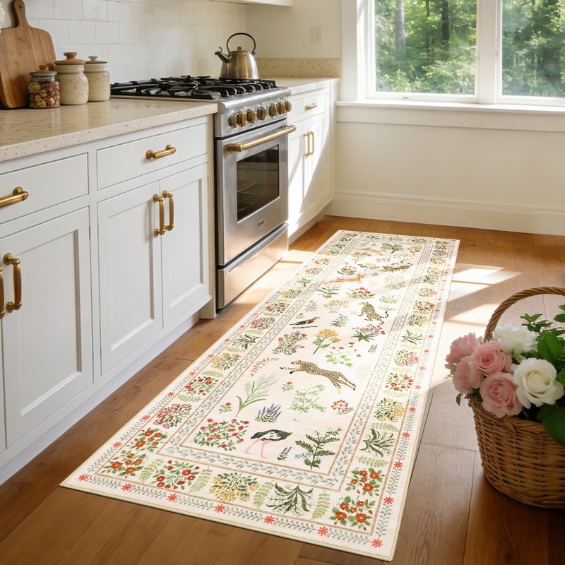 Washable Runner Rug 2x6 Floral Hallway Runner Farmhouse Botanical Animal Rug with Non Slip Backing, Low Pile Non Shedding Foldable Mat, Soft Thin Carpet for Kitchen Laundry, Beige