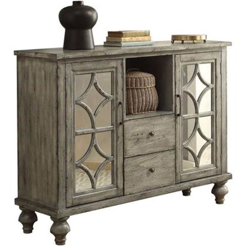 Velika Weathered Gray 53'' Wood Console Table with Mirrored Storage