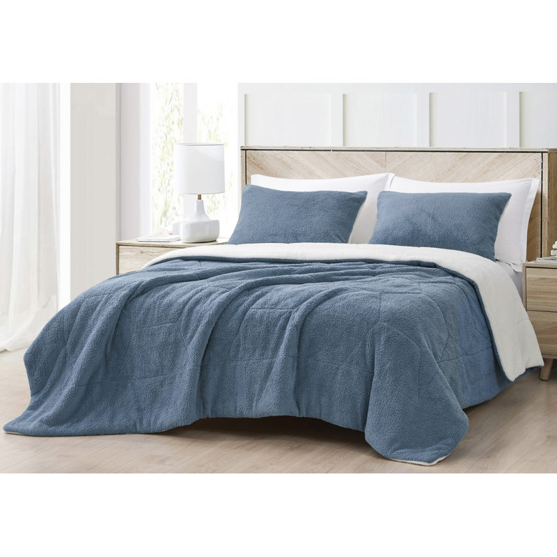 Double Sided Sherpa Reversible Comforter Set, Blue, Full Comforter + 2 Standard Shams