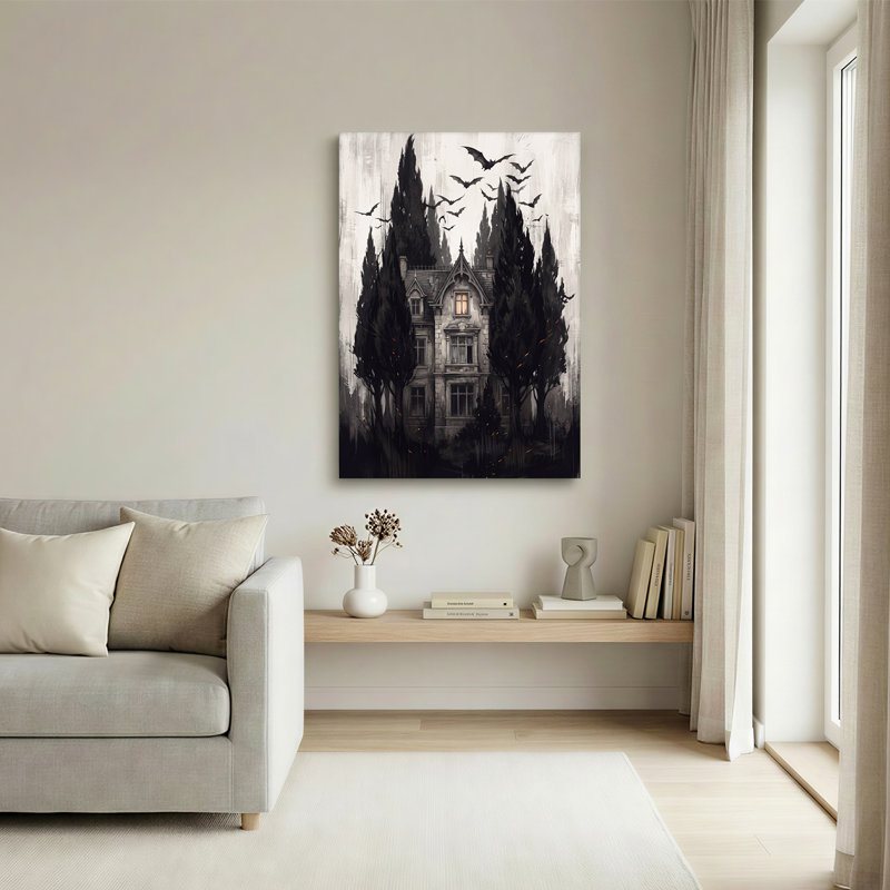 Art mural sur toile gothique avec chauves-souris volantes et cyprès, 18"H x 12"W