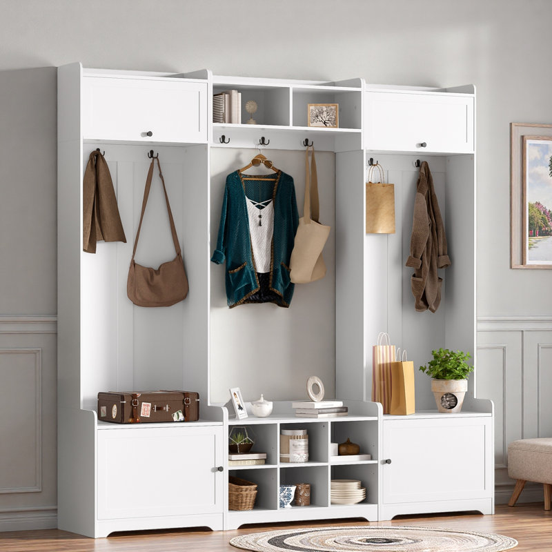 4-in-1 Modern Hall Tree With Shoe Storage, Cubbies, Coat Hooks And Adjustable Shelves, White