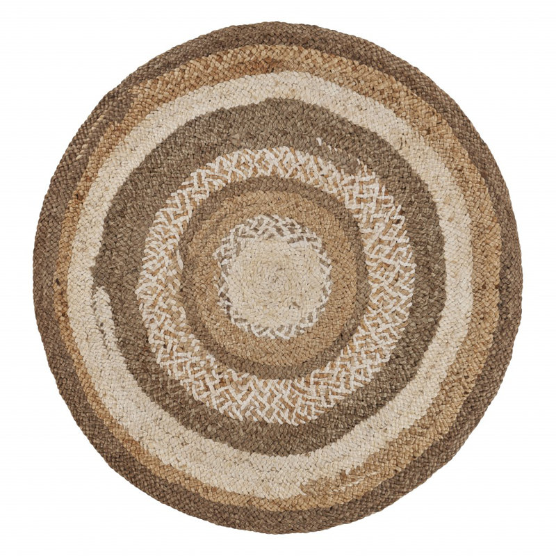 Douros Brown/Beige/Ivory Striped Modern Farmhouse Handmade Hand Braided Jute/Sisal Indoor Area Rug, Round 4'