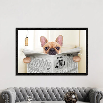 Dog on Toilet Seat Reading Newspaper V 1 Piece Wall Art on Canvas