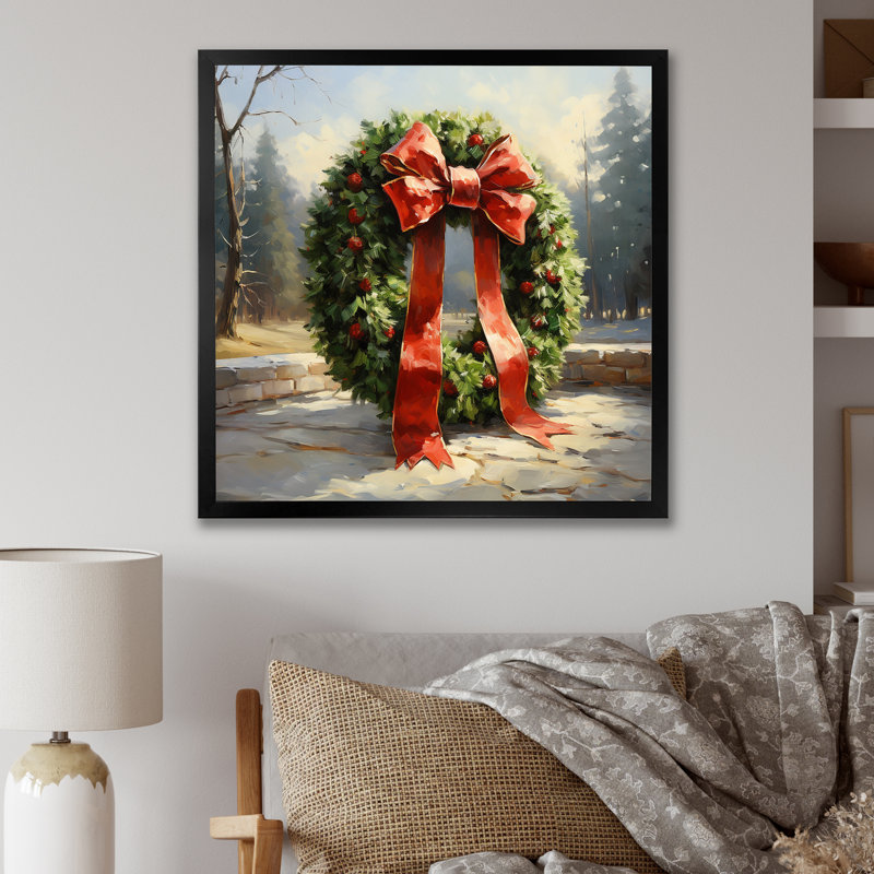 Couronne de Noël verte, hiver I - Couronne, art mural, Cadre simple noir, H 30 po x l 30 po x P 1,5 po