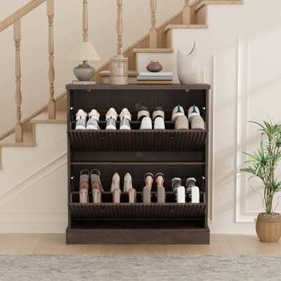 Shoe Cabinet with 2 Flip Drawers, Hidden Wooden Fluted Storage with Adjustable Shelf for Entryway, Hallway