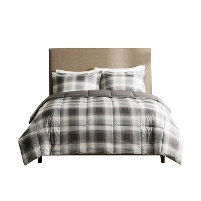 Full Comforter With Down Alternative - Fill Grey Plaid Printed And 2 Matching Shams Machine Washable Mini Filled