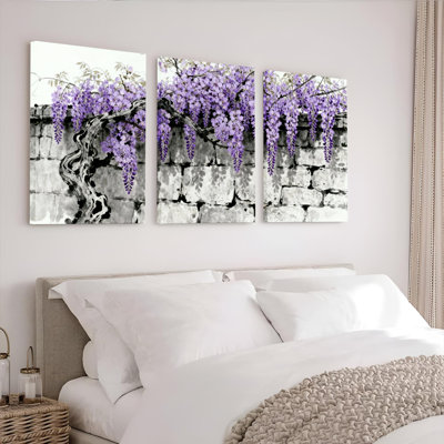 Purple Wisteria on Stone Wall Canvas Wrapped Wall Art, Oil Painting Print (Set of 3)