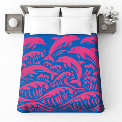 Pink Dolphins Waves Quilted Thin Bedspread