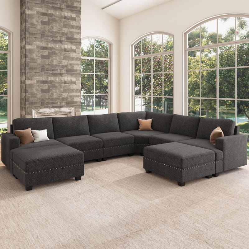 Anureet Modular U-Shaped Sectional with Storage Ottoman, Dark Gray Polyester