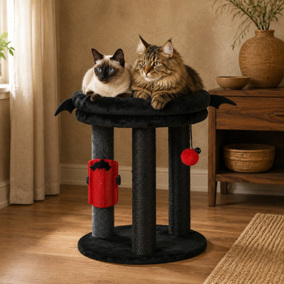 Arbre à chat 4 en 1 pour chats et chatons d'intérieur, combinant un griffoir et un lit tour moelleux avec tapis en sisal, poteaux en jute, 3 jouets à balles suspendus et une brosse de massage.
