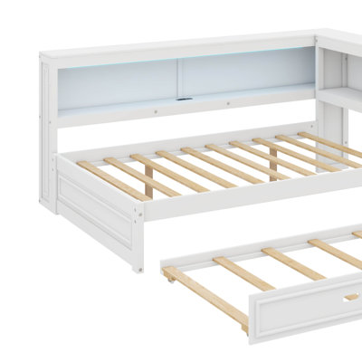 Full Size  Multifunctional Daybed With L-Shaped Trundle Frame Storage Shelves Built-In USB Ports And LED Lighting