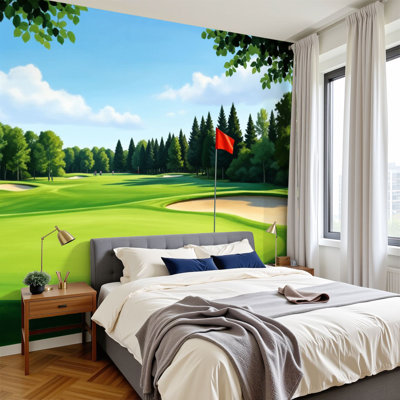 Peel and Stick Wallpaper 96" W x 69" H Modern Self Adhesive Wall Mural for Bedroom Serene Golf Course Green Grass Red Flag Hole
