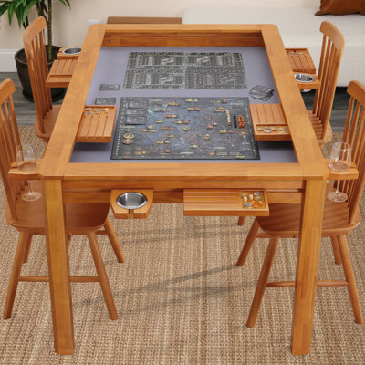 Solid Wood Board Game Table for 4–6 Players, Dining & Gaming Table with 57.5" x 33.8" Big Play Area, Removable Top, Neoprene Play Mat, Leaf Storage Rack, 6 Cup Holders & Trays, Nature