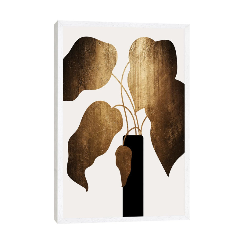 Abstract Bouquet - Gold by Kubistika - Painting on Canvas, 66.04cm H x 45.72cm W x 3.81cm D, White Floater Framed