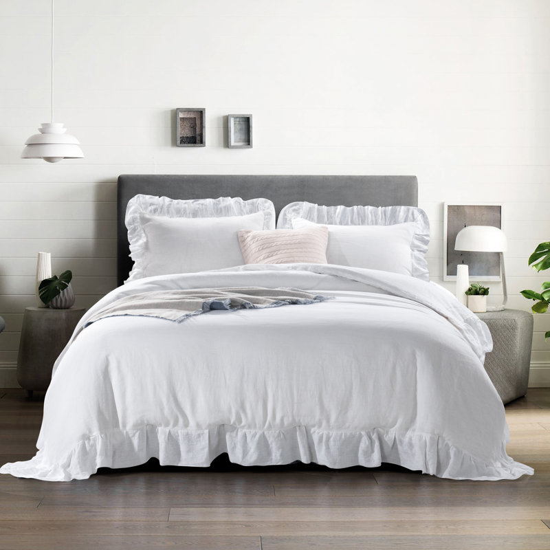  Ensemble de housse de couette en lin pur délavé à la pierre, Housse de couette très grand et 2 taies, Blanc