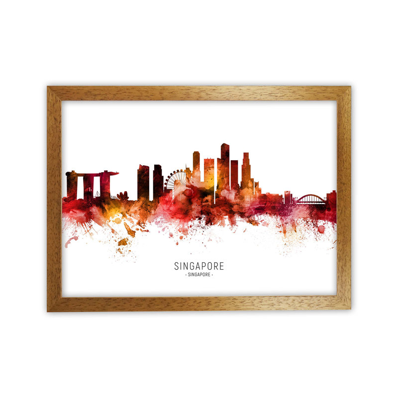 Singapore Skyline Red City Name by Michael Tompsett - Print, 25cm H x 34cm W x 3cm D, Oak Framed