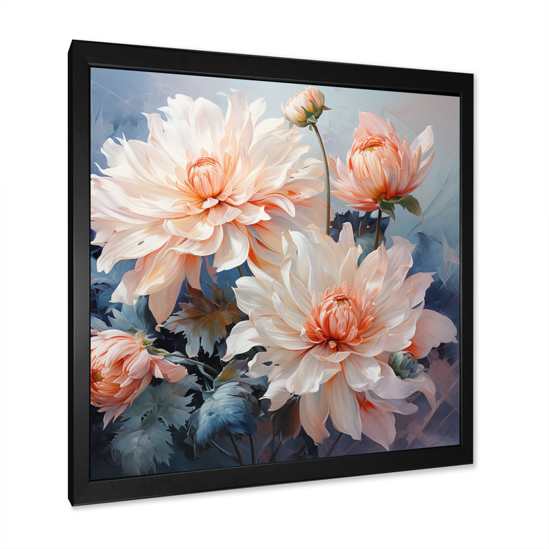 Impression romantique «I Peach Chrysanthemums Peach», H 16 po x l 16 po x P 1 po, Cadre photo noir