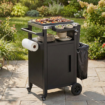 Chariot de barbecue extérieur avec abattant, plateau de table en acier inoxydable, armoire de rangement, support à épices, roues, ouvre-bouteille et couvercle résistant aux intempéries pour la préparation et le service de barbecue.