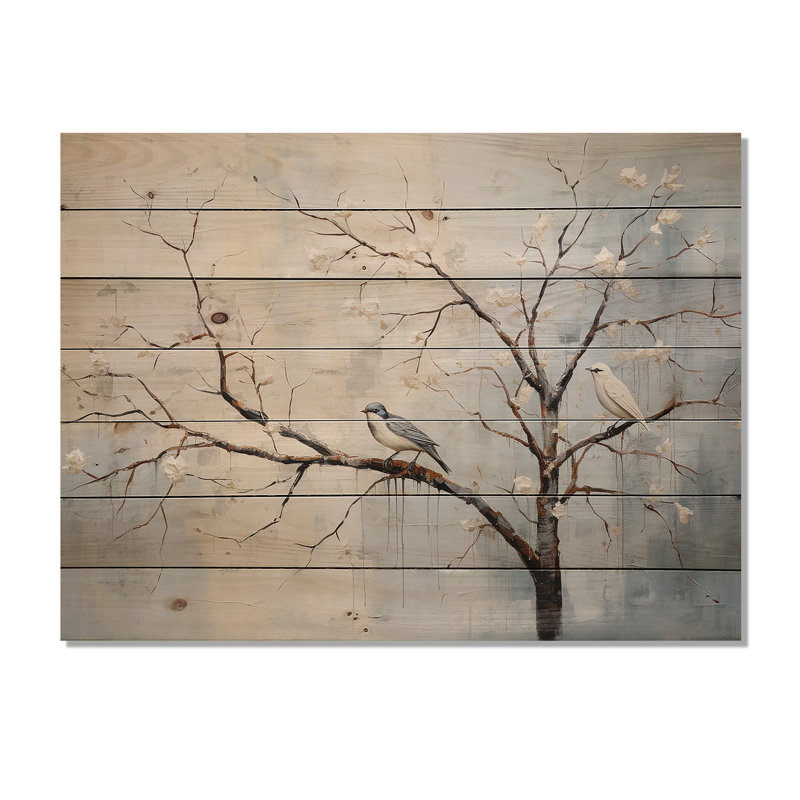 Grey Floral Sprintime Tree Birds II - Tree On Wood Print, 10" H x 20" W x 0.78" D