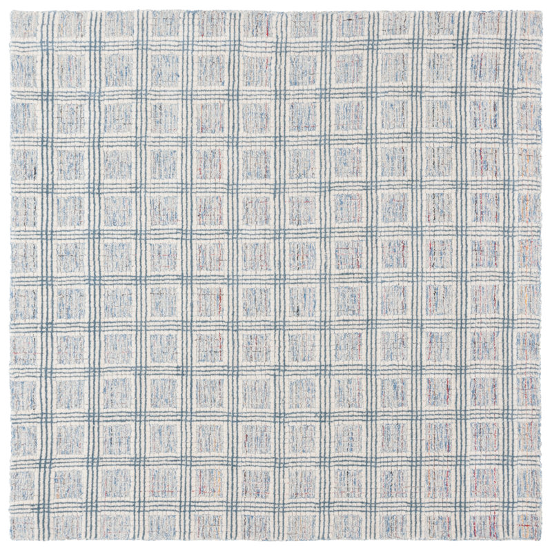 Ivory and Blue Hand-Tufted Wool Square Rug, 6x6 ft