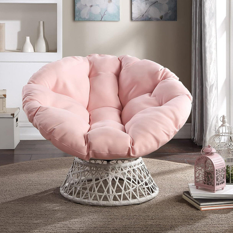 Pink Swivel Metal Papasan Chair with Wicker Frame