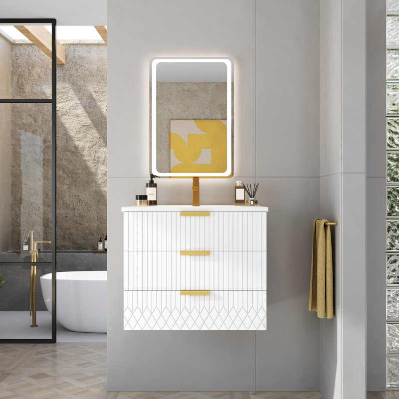 Armoire flottante murale 24 po avec tiroir double, petit lavabo de salle de bain rectangulaire flottant avec trou de robinet simple et trop-plein, armoire de salle de bain moderne avec lavabo en céramique