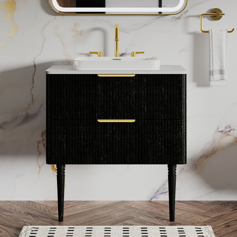 Meuble-lavabo autoportant en chêne noir rayé, panneaux E1, rangement à double tiroir, grille de coin arrondie à fixer au mur ou meuble-lavabo, motif chêne, catégorie de résistance à l'eau, tiroirs à fermeture en douceur