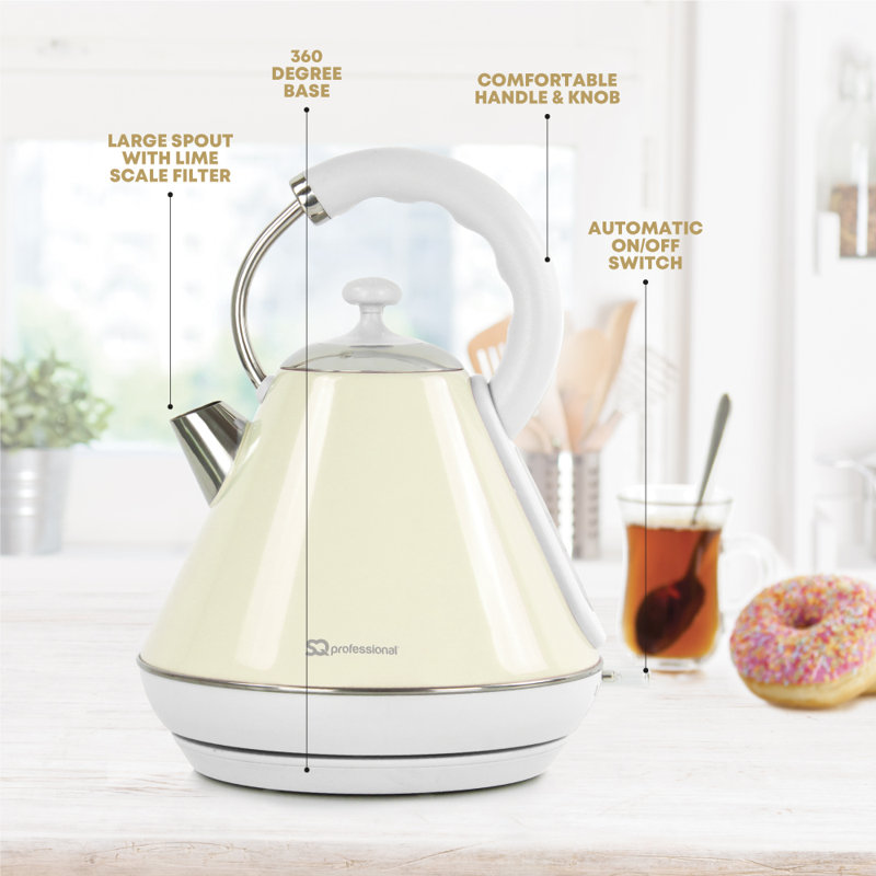 SQ Professional Dainty 1.8L Stainless Steel Electric Kettle and 2 Slice Toaster Set, Tan